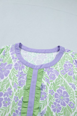 Purple Floral Print Ruffled Color Block Trim Half Sleeve Blouse