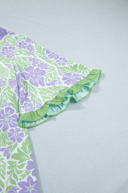 Purple Floral Print Ruffled Color Block Trim Half Sleeve Blouse