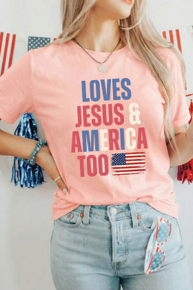 Pink LOVES JESUS & AMERICA TOO Patriotic Flag Graphic Tee