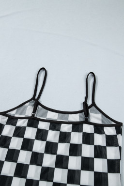 Black Sheer Checkered Print Spaghetti Straps Slim Tank Top