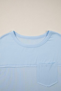 Light Blue Solid Color Raw Seam Waffled Patchwork Casual T Shirt