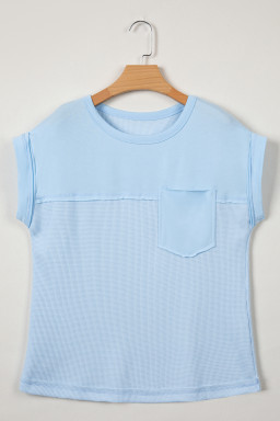 Light Blue Solid Color Raw Seam Waffled Patchwork Casual T Shirt