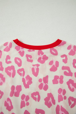 Rose Unique Leopard Print Contrast Trim Top Loose 2pcs Short Set