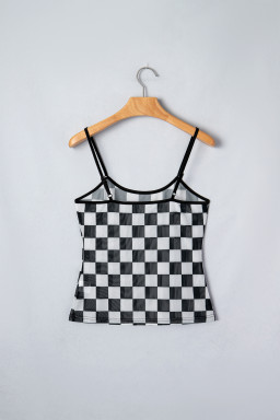 Black Sheer Checkered Print Spaghetti Straps Slim Tank Top