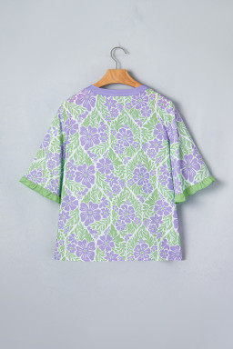 Purple Floral Print Ruffled Color Block Trim Half Sleeve Blouse