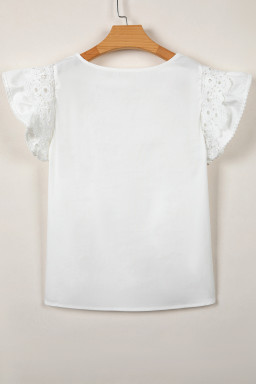 White Lace Detail Flutter Sleeve Pleated Round Neck Blouse