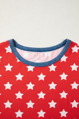 Red Stars Print Colorblock Binding Tape Collar Cuff Viscose Tunic Top