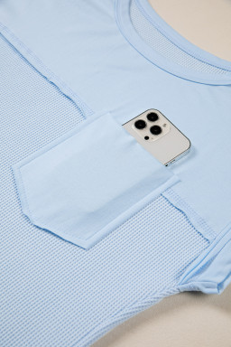 Light Blue Solid Color Raw Seam Waffled Patchwork Casual T Shirt