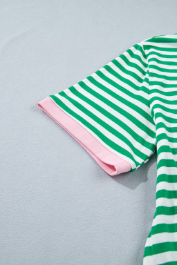 Green Stripe Nautical Tie Contrast Trim Round Neck T Shirt Mini Dress