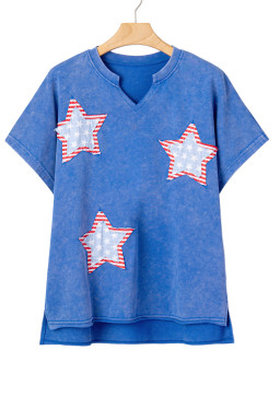 Sky Blue Patriot Star Patched Notched Neck Mineral Washed Tee