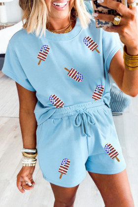 Mist Blue Patriotic Sequin Popsicle Print Two Piece Set Casual Shorts Outfit