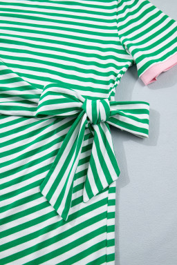 Green Stripe Nautical Tie Contrast Trim Round Neck T Shirt Mini Dress