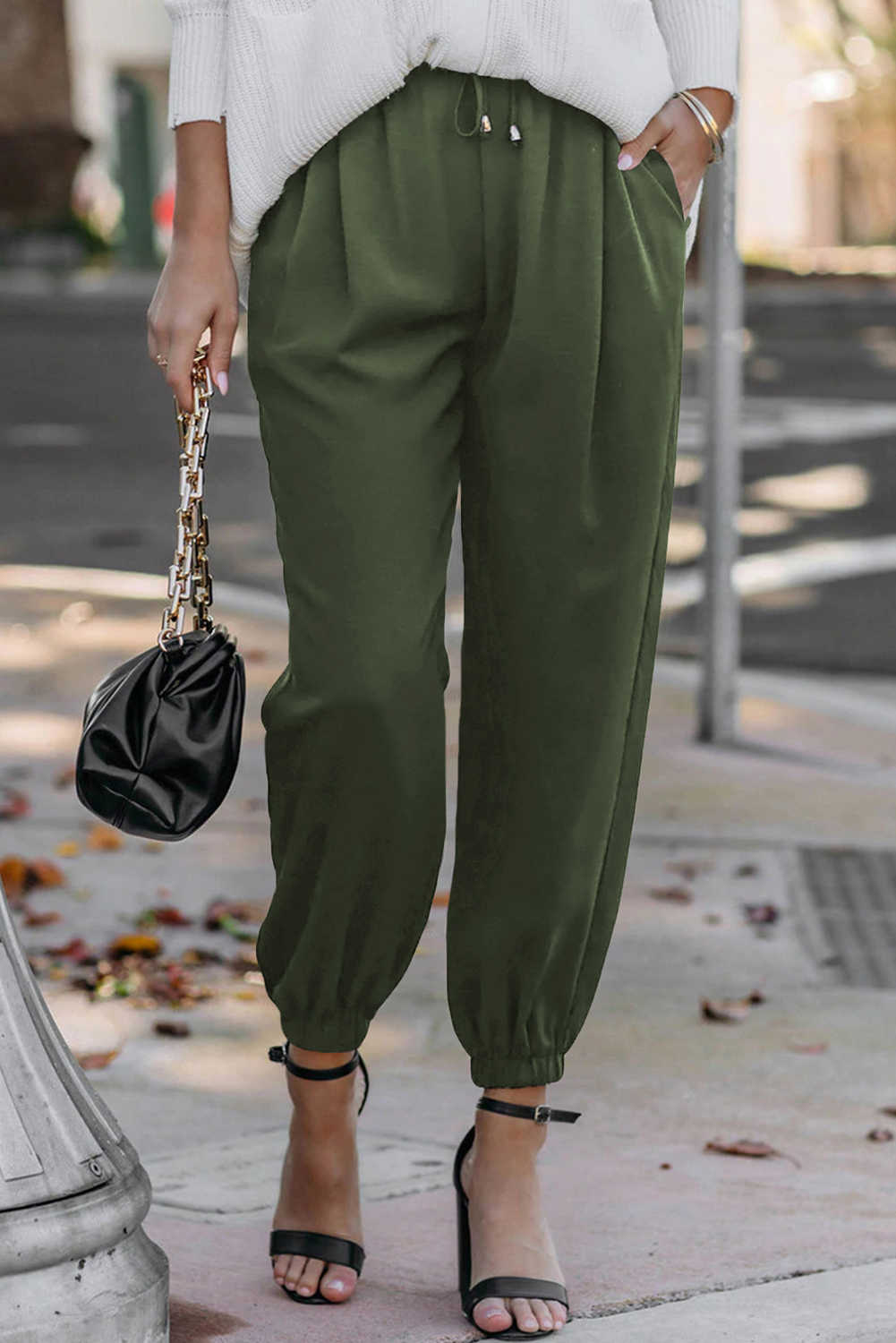 Green Solid Color Drawstring Smocked Waist Joggers