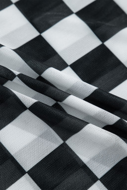Black Sheer Checkered Print Spaghetti Straps Slim Tank Top