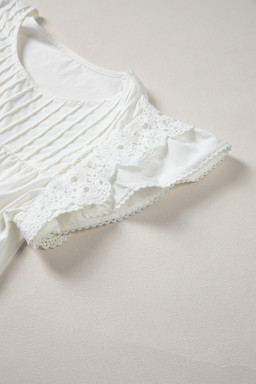 White Lace Detail Flutter Sleeve Pleated Round Neck Blouse