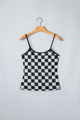 Black Sheer Checkered Print Spaghetti Straps Slim Tank Top