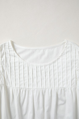 White Lace Detail Flutter Sleeve Pleated Round Neck Blouse