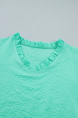 Mint Green Frilled V Neck Flower Embroidered Puff Sleeve Textured Blouse