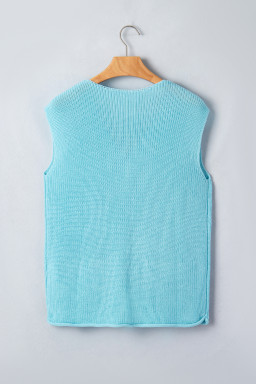 Mist Blue Solid Color Knit V Neck Button Front Sweater Vest