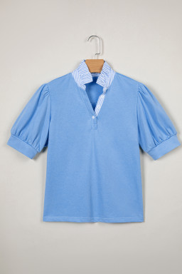 Sky Blue Striped Frilled Collar Short Sleeve Blouse