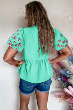 Mint Green Frilled V Neck Flower Embroidered Puff Sleeve Textured Blouse