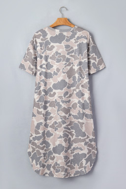 Multicolour Camouflage Print Short Sleeve Drop Shoulder Side Slit Casual Dress