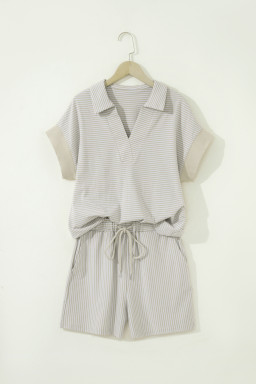 Khaki Stripe Dolman Sleeve Polo Shirt and Drawstring Shorts Set