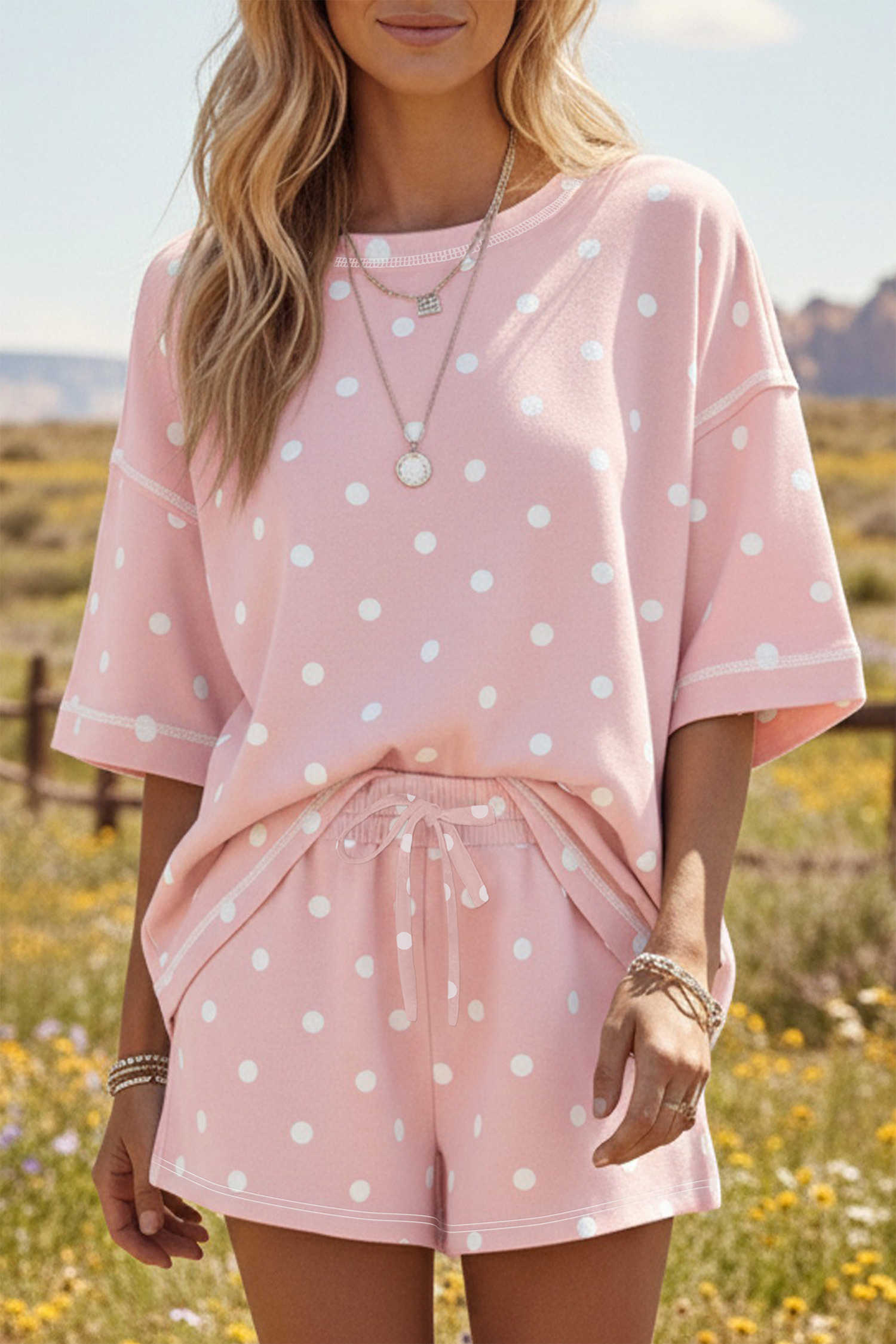Pink Exposed Seam Detail Polka Dot Loose Tee Drawstring Shorts Set
