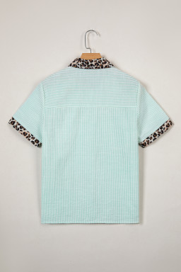 Green Stripe Leopard Contrast Collar Short Sleeve Shirt