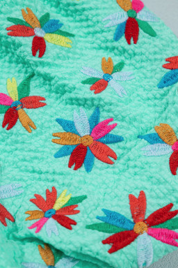 Mint Green Frilled V Neck Flower Embroidered Puff Sleeve Textured Blouse