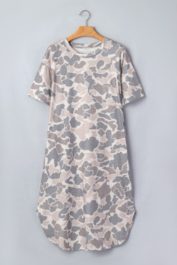 Multicolour Camouflage Print Short Sleeve Drop Shoulder Side Slit Casual Dress