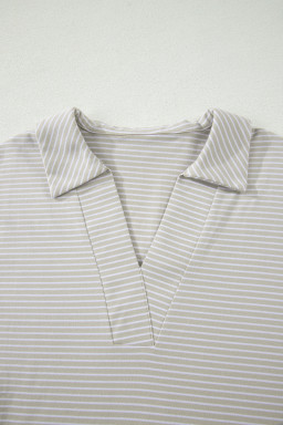 Khaki Stripe Dolman Sleeve Polo Shirt and Drawstring Shorts Set