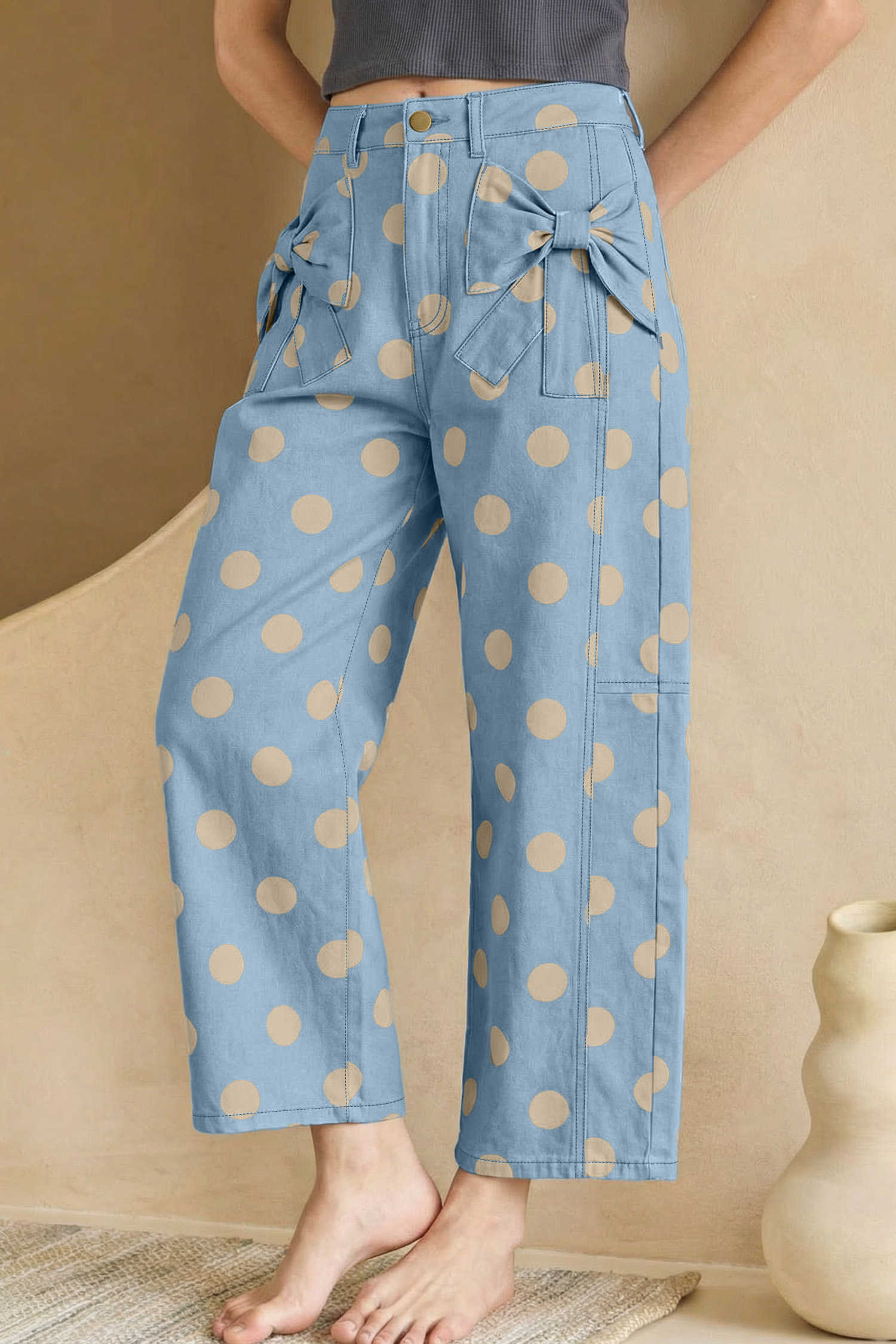 Sky Blue Polka Dot Print Bow Detail Pocketed Jeans