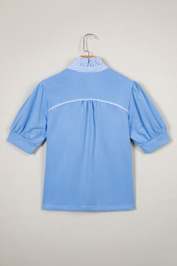 Sky Blue Striped Frilled Collar Short Sleeve Blouse
