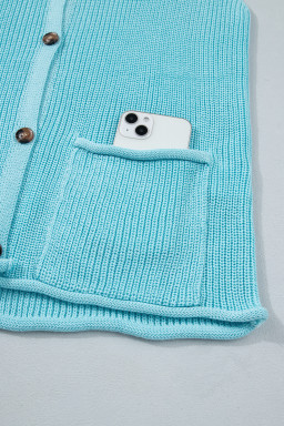 Mist Blue Solid Color Knit V Neck Button Front Sweater Vest