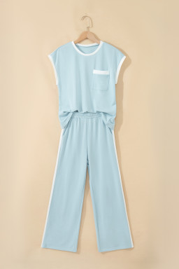 Mist Blue Contrast Trim Round Neck Pocketed Boxy Tank Top Wide Leg Pant Set