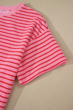 Rose Stripe Side Split Knit Tee Drawstring Shorts Set
