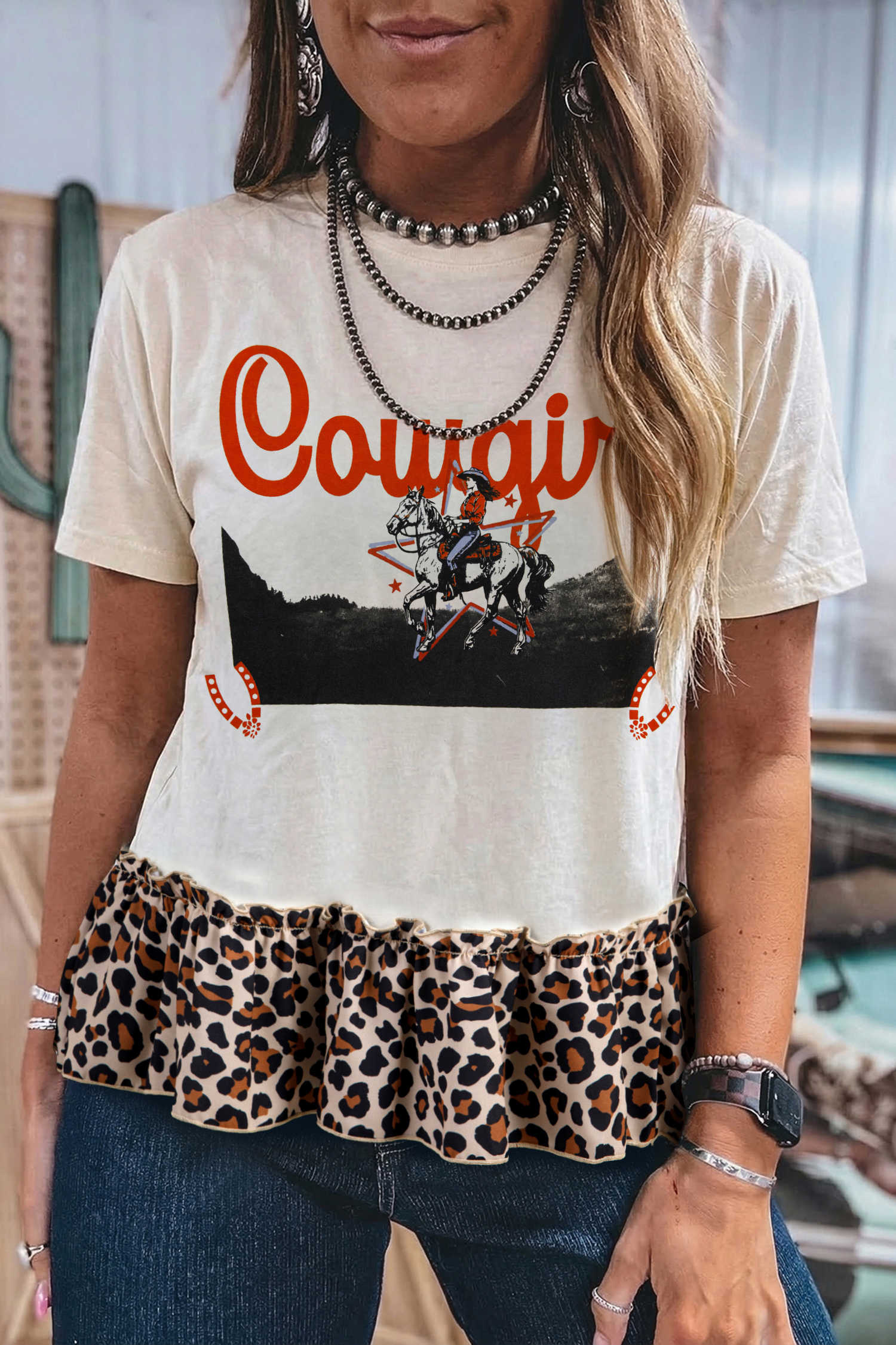 White Retro COWGIRL Print Leopard Ruffle Hem Patchwork T Shirt