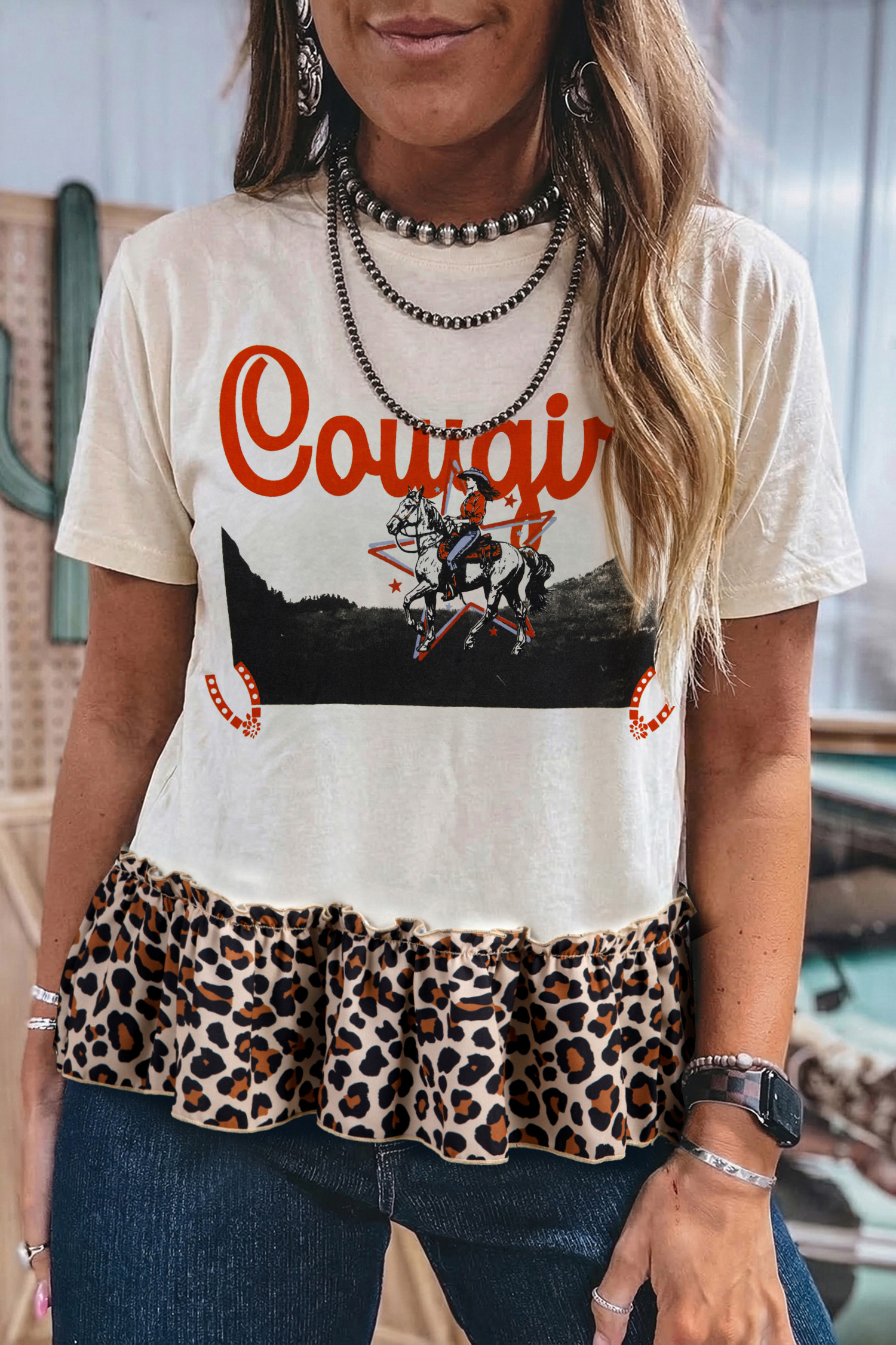 White Retro COWGIRL Print Leopard Ruffle Hem Patchwork T Shirt