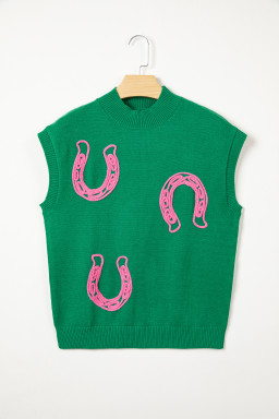 Bright Green Corded Horseshoes Ribbed Trim Mock Neck Short Sleeve Sweater