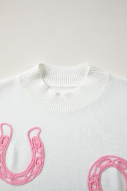 White Corded Horseshoes Ribbed Trim Mock Neck Short Sleeve Sweater