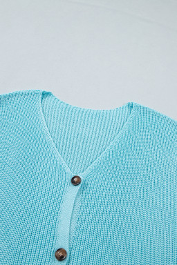 Mist Blue Solid Color Knit V Neck Button Front Sweater Vest