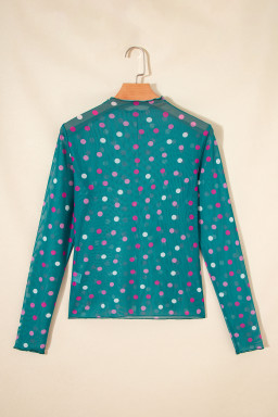 Green Polka Dot Patterned Bodycon Mock Neck Mesh Long Sleeve Top