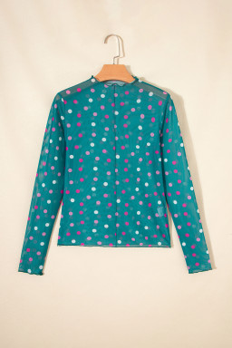 Green Polka Dot Patterned Bodycon Mock Neck Mesh Long Sleeve Top