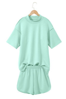 Moonlight Jade Solid Color Exposed Seam Mock Neck Oversize Tee Casual Shorts 2pcs Outfit