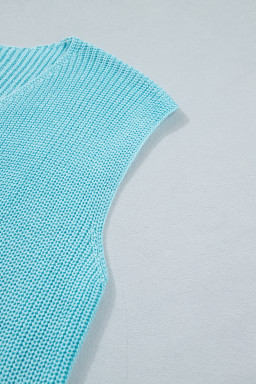 Mist Blue Solid Color Knit V Neck Button Front Sweater Vest