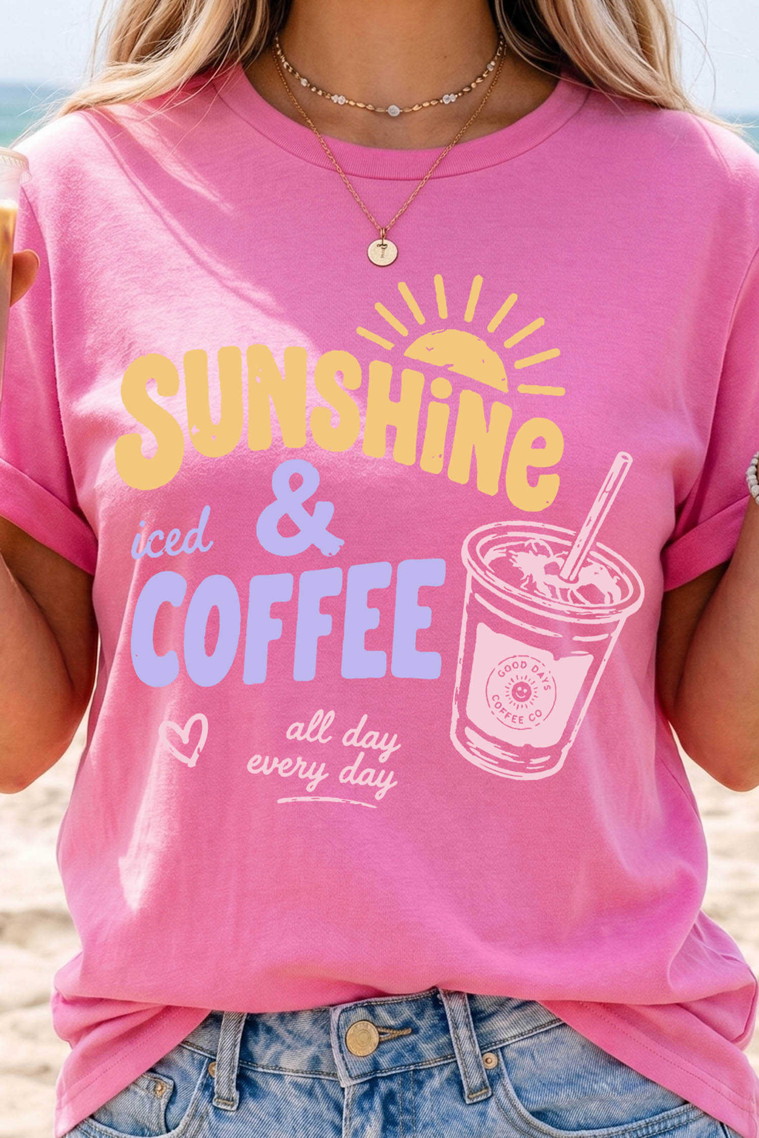 Sachet Pink Sunshine Iced Coffee Slogan Beach Vacation Graphic Tee