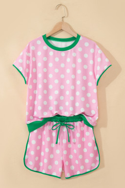 Pink Polka Dot Contrast Edge Casual Short Set