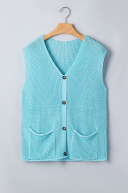 Mist Blue Solid Color Knit V Neck Button Front Sweater Vest