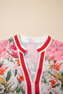 Pink Color Block Floral Print Contrast Trim V Neck Ruffle Hem Mini Dress